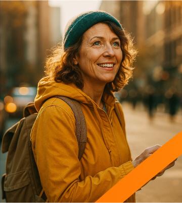 Mulher sorrindo com jaqueta amarela